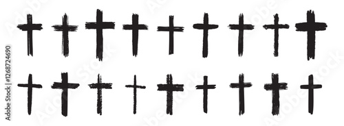 hand drawn grunge cross black bold icons set. Christian cross signs collection, cross symbols created with real ink brush isolated on white background.