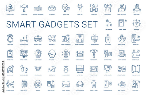 modern smart gadgets line icons set, scale thermostat purifier glasses air