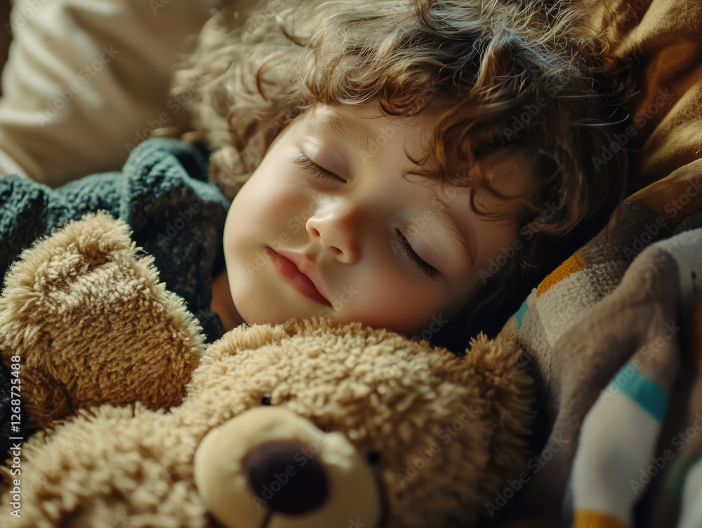 A small child cuddled up with a stuffed teddy bear A small child cuddled up with a stuffed teddy bear