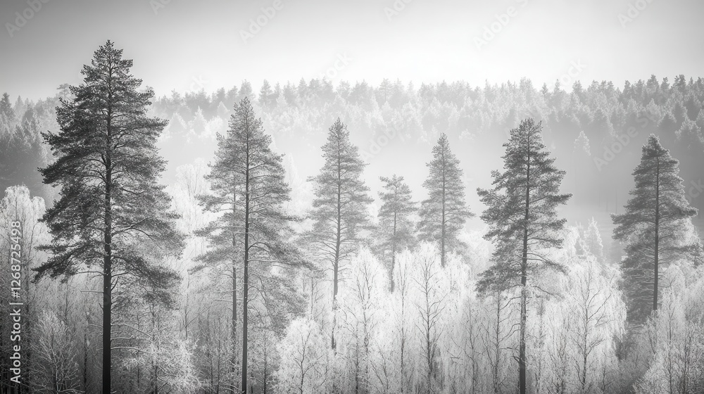 Fototapeta premium A forest background image showcasing a black-and-white photograph of an expansive Scandinavian forest, with tall trees covered in frost against the backdrop of a hazy sky