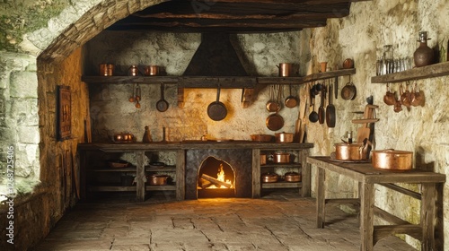 Rustic medieval kitchen with stone walls and wooden furnishings