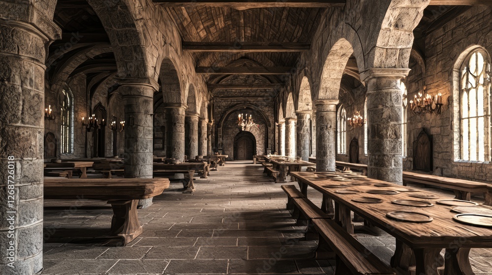 Fototapeta premium Majestic Medieval Hall with Stone Architecture and Wooden Furniture