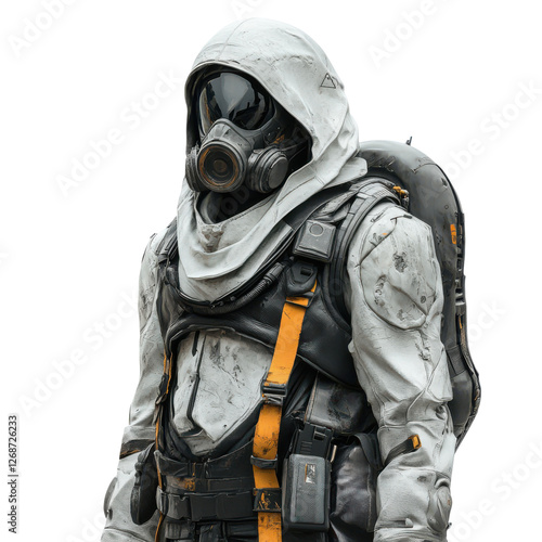 A futuristic figure clad in a weathered, protective suit with a gas mask and backpack, exuding an air of resilience and survival.