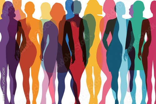 Colorful abstract illustration with overlapping silhouettes of women, each uniquely shaped and shaded in vibrant hues