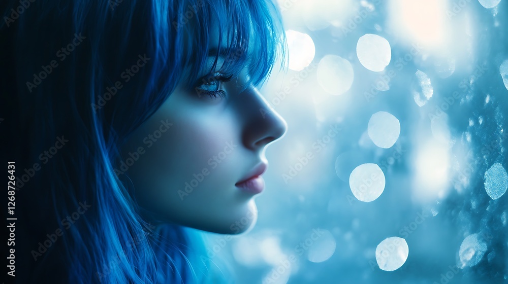 Blue-Haired Girl Gazing Through a Window at Night Blue-Haired Girl Gazing Through a Window at Night