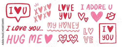 Cute love calligraphy i love you phrases doodle hand drawn red and pink crayon set. Vector modern romantic valentines lettering. Childish style pencil valentines day typography love and hearts
