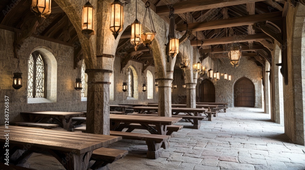 Elegant Medieval Castle Hall with Long Wooden Tables and Lanterns Elegant Medieval Castle Hall with Long Wooden Tables and Lanterns