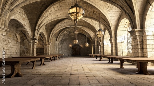 Wallpaper Mural Medieval Castle Hall with Long Tables and Stone Arches Torontodigital.ca