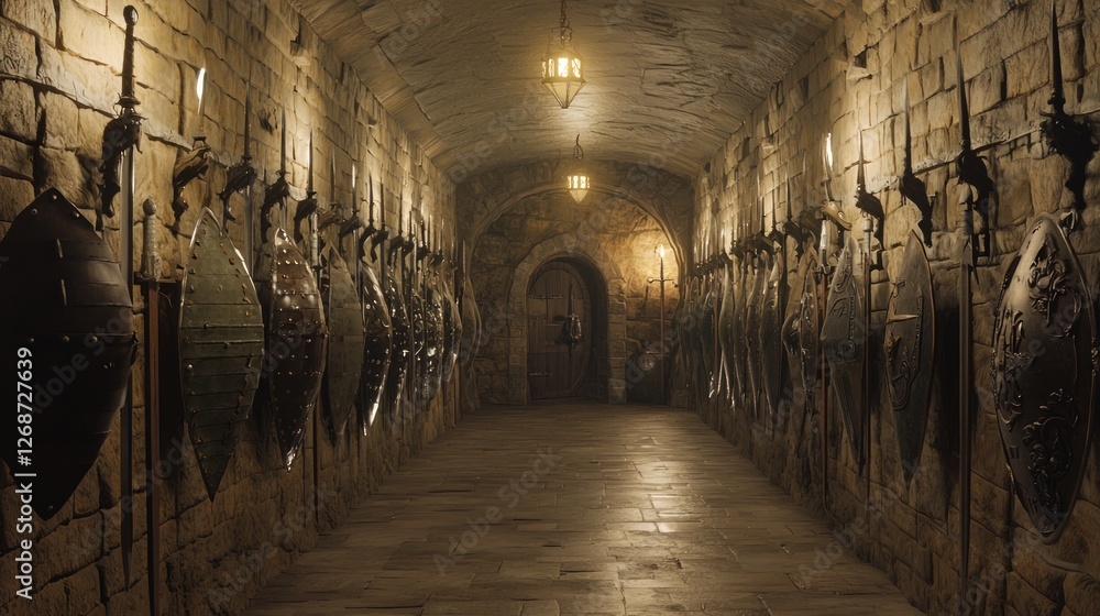 Fototapeta premium Medieval Armory Hall with Long Rows of Shields and Weapons