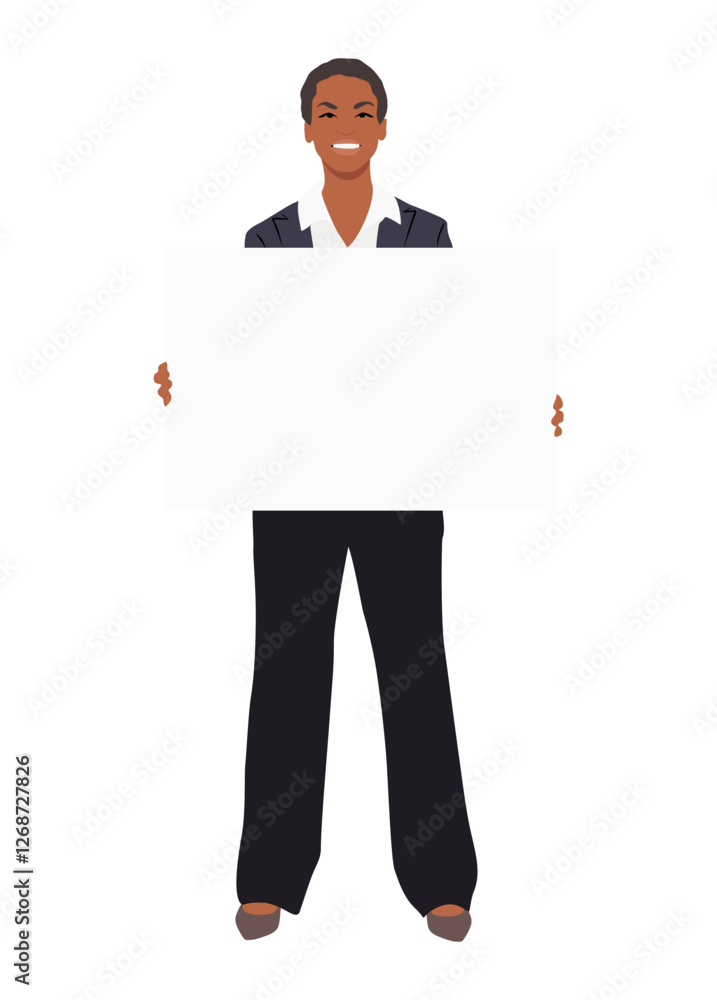 Black business woman holding a white sign. She is wearing a suit and is smiling. The sign is blank, which could represent a blank slate or a new beginning Black business woman holding a white sign. She is wearing a suit and is smiling. The sign is blank, which could represent a blank slate or a new beginning