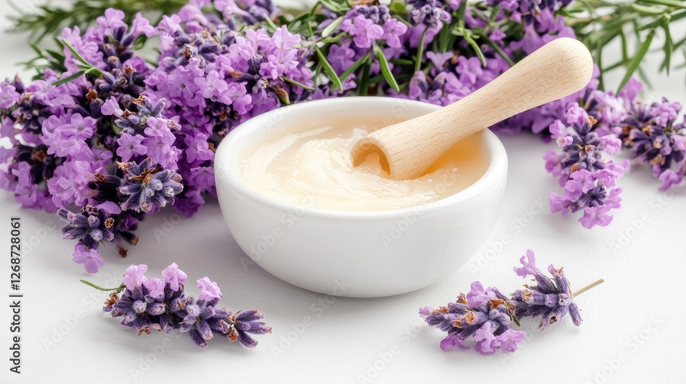 Lavender honey in bowl, spa setting, relaxation Lavender honey in bowl, spa setting, relaxation
