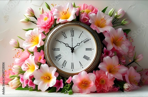 Reminder of the fleeting nature of time, captured in the delicate beauty of flowers surrounding a vintage clock.