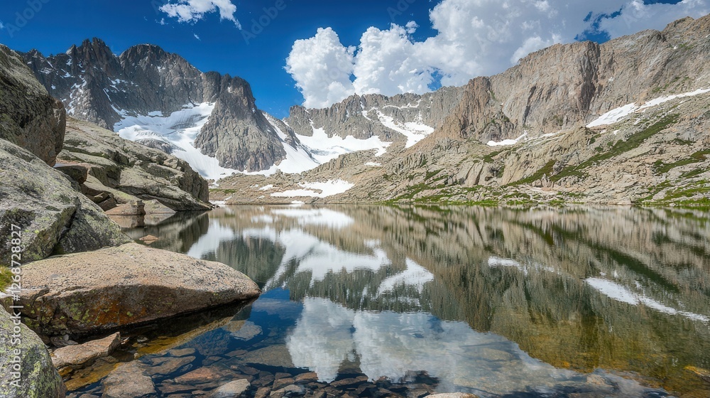 Fototapeta premium Serene Mountain Lake Reflecting Majestic Peaks Under a Blue Sky