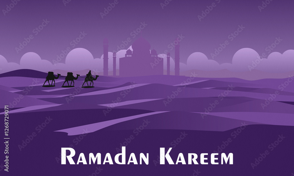 Obraz premium A serene Ramadan-themed design featuring silhouettes of camels and a rider crossing desert dunes in purple hues, with a mosque silhouette in the background.