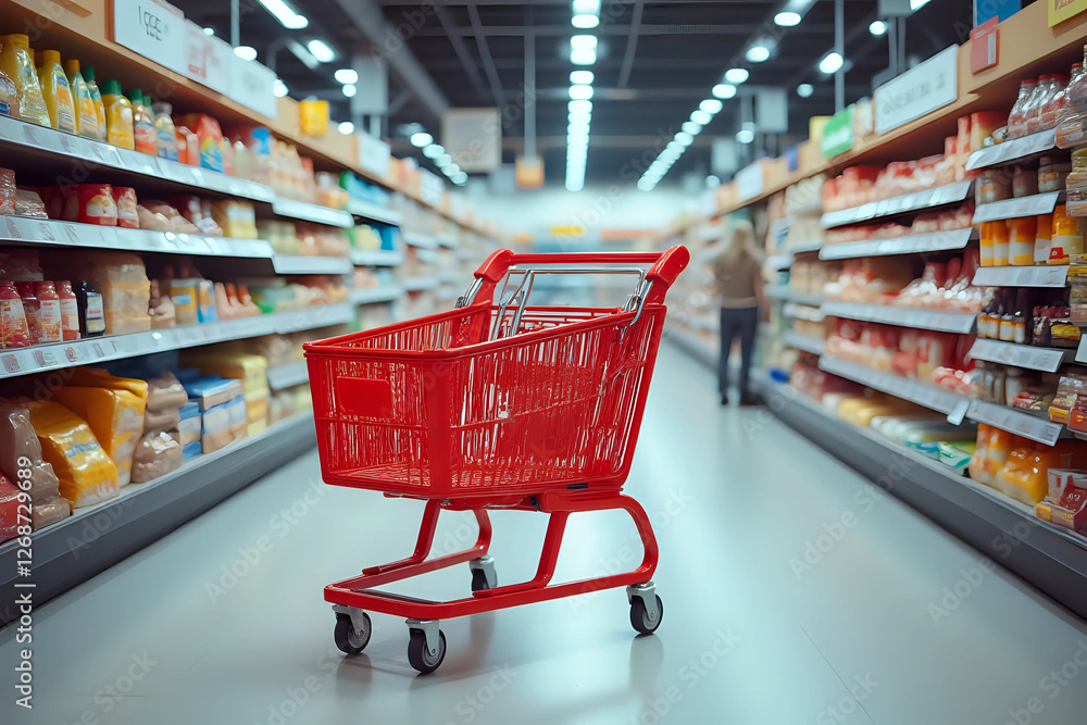 Supermarket aisle with empty red shopping cart Supermarket aisle with empty red shopping cart