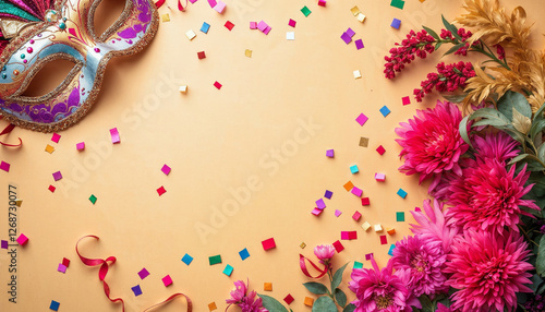 Máscaras de carnaval y confeti sobre fondo beige