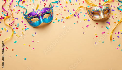 Máscaras de carnaval y confeti sobre fondo beige