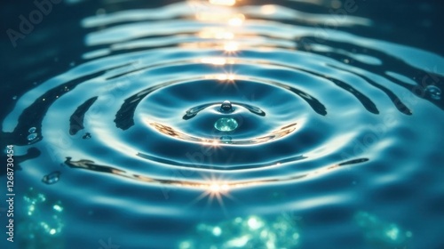 Serene Aqua Ripples A Single Drop Creates Concentric Circles of Tranquility on a Still Water Surface, Illuminated by Soft Sunlight