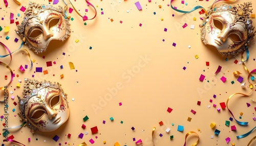 Máscaras de carnaval y confeti sobre fondo beige