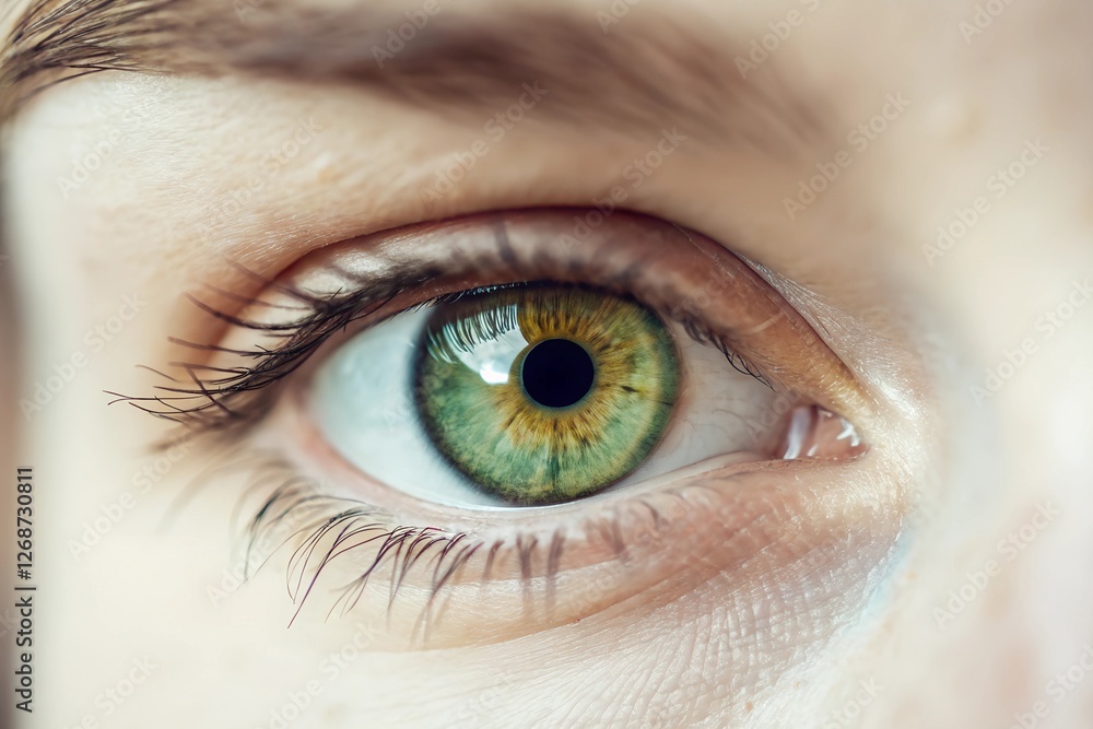A close-up of a green eye with a subtle hint of heterochromia, where there is a slight difference in color within the iris. A close-up of a green eye with a subtle hint of heterochromia, where there is a slight difference in color within the iris.
