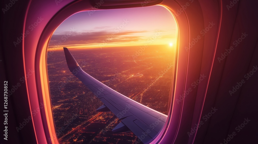 A mesmerizing aerial view from an airplane window at dusk, showcasing a vast illuminated cityscape beneath a glowing sunset sky.
A mesmerizing aerial view from an airplane window at dusk, showcasing a vast illuminated cityscape beneath a glowing sunset sky.