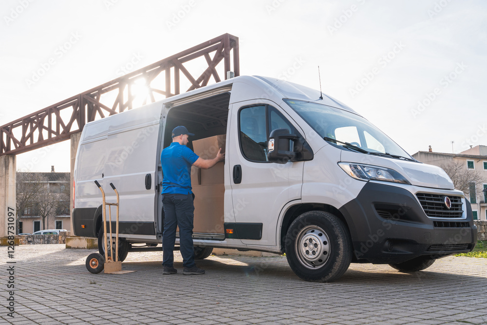 Fototapeta premium Delivery Worker Organizing Packages in Delivery Van. Delivery worker in a blue uniform arranging cardboard boxes inside an open van. Concept of logistics, distribution, and freight transportation.