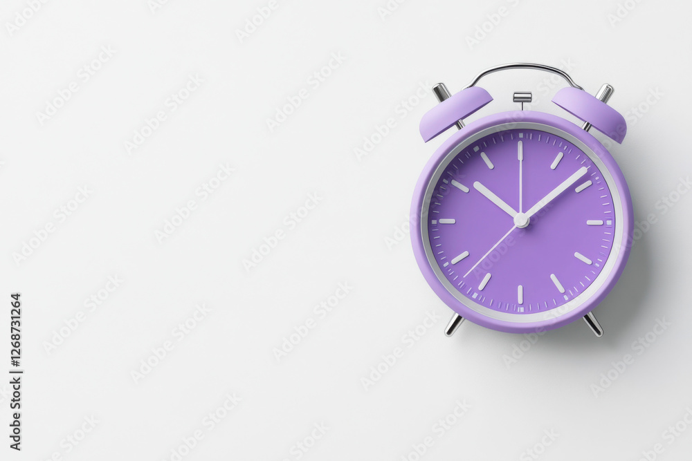 Purple alarm clock on white background showing time Purple alarm clock on white background showing time