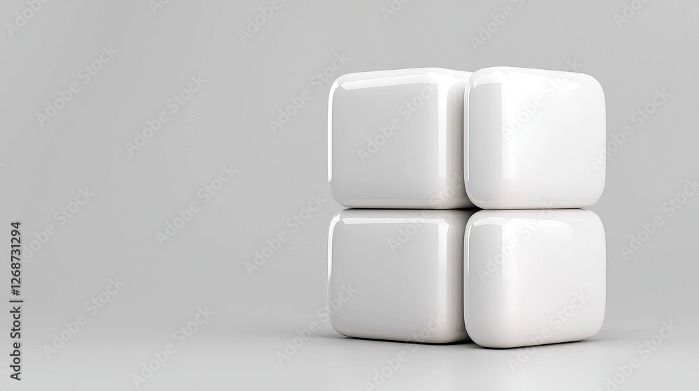 A minimalistic arrangement of four glossy white cubes on a gray background, showcasing simplicity and modern design. A minimalistic arrangement of four glossy white cubes on a gray background, showcasing simplicity and modern design.