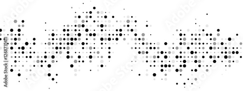 Dynamic halftone geometric frame: chaotic hexagons, particles, and fragments create a textured, cellular network design. Perfect for business, tech, and medical posters. Vector illustration