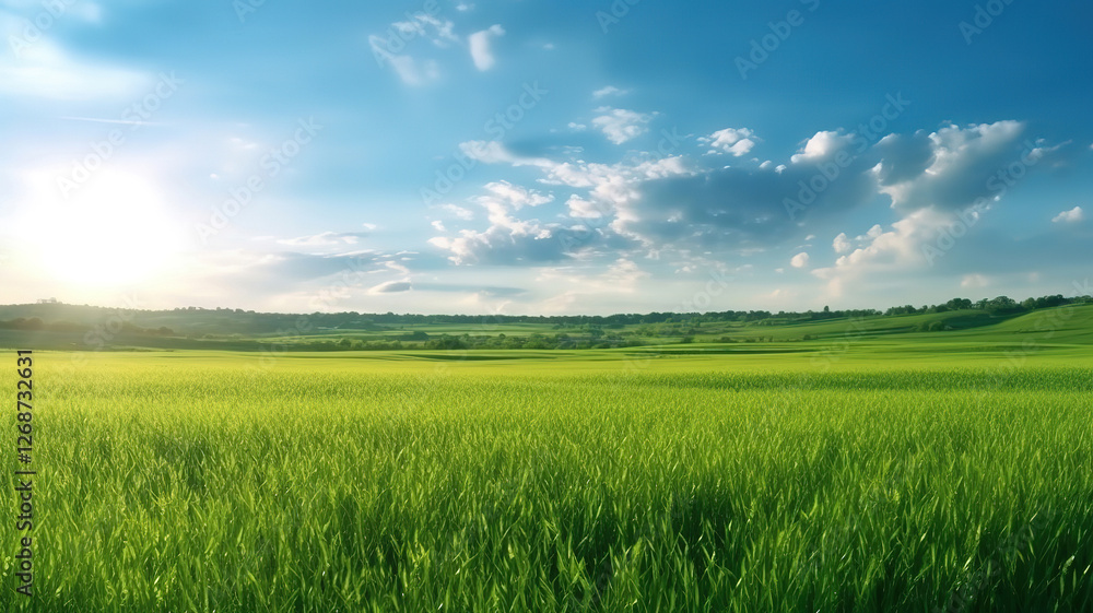 Blurred Spring Summer Landscape of Green Field Under Blue Sky with Sunlight Blurred Spring Summer Landscape of Green Field Under Blue Sky with Sunlight
