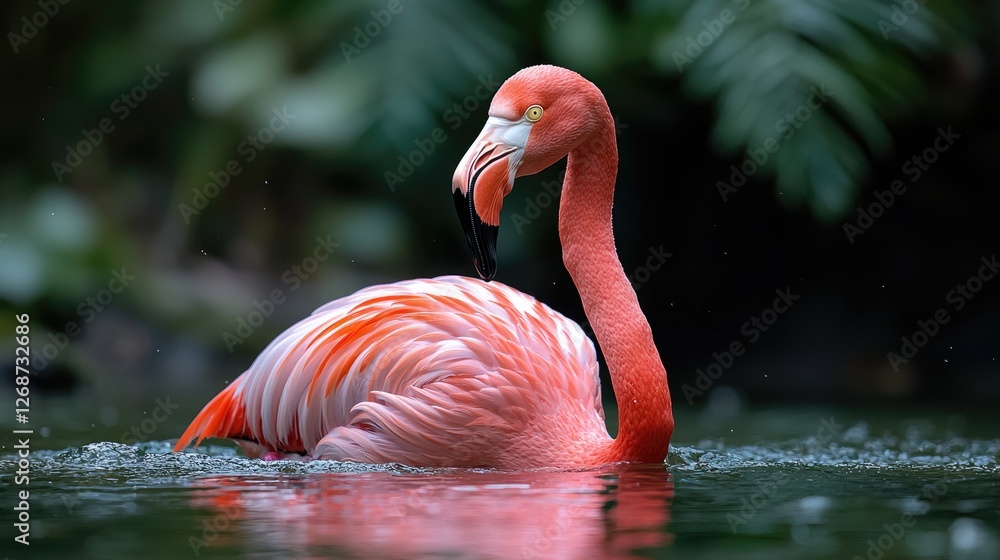 Fototapeta premium Pink flamingo preening its feathers while swimming in a tropical pond surrounded by lush green foliage.