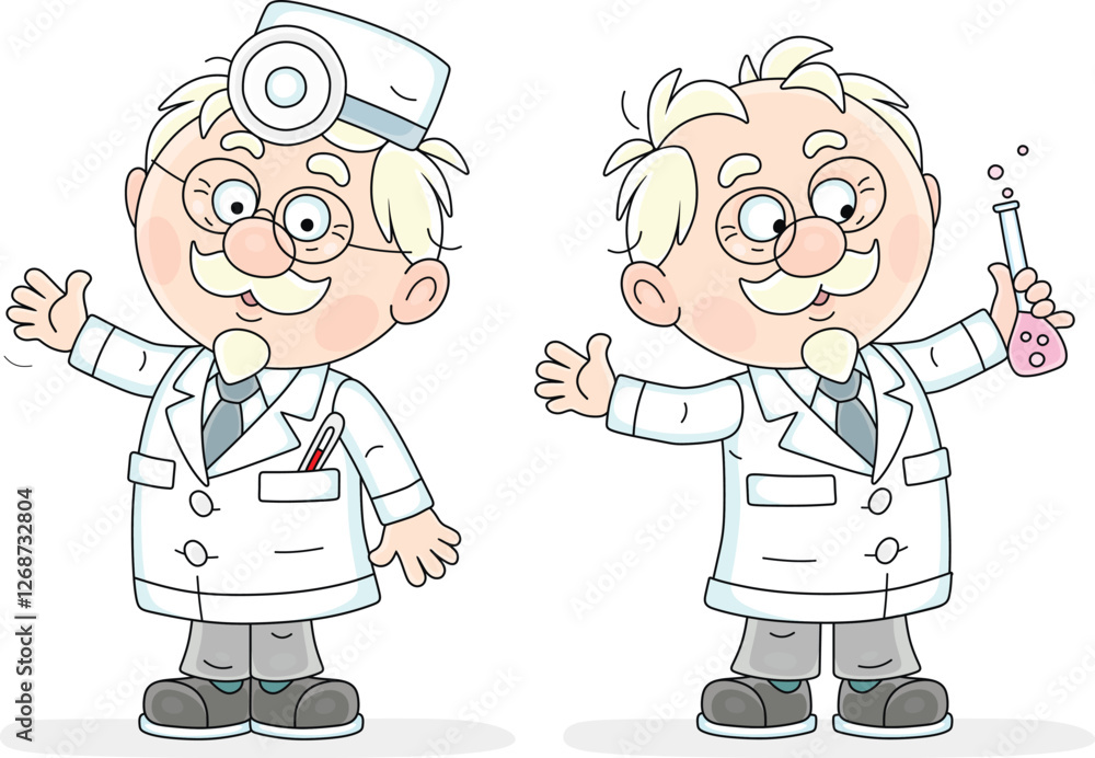 Good elderly doctor in a white hospital gown in two poses, vector cartoon illustration isolated on a white background Good elderly doctor in a white hospital gown in two poses, vector cartoon illustration isolated on a white background