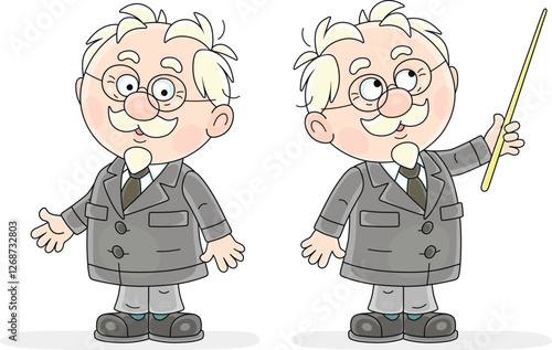 Funny senior grey-haired professor with mustache, wearing eye glasses and a classic suit, in two poses, with a pointer and without it, at a lecture or lesson, vector cartoon illustration on white