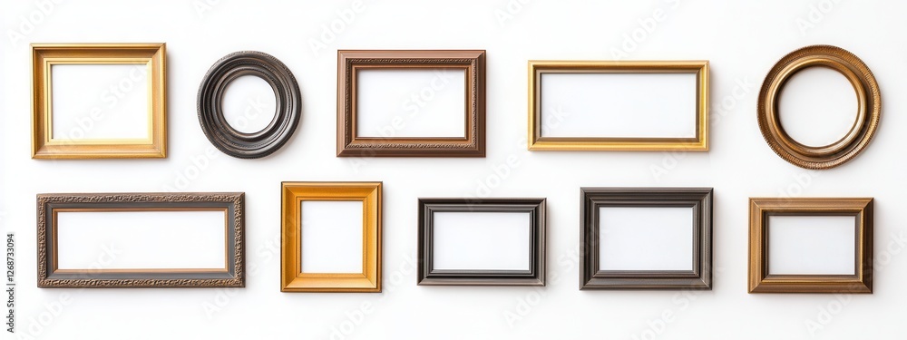 Elegant Collection of Empty Picture Frames in Various Shapes and Colors on Light Background Elegant Collection of Empty Picture Frames in Various Shapes and Colors on Light Background