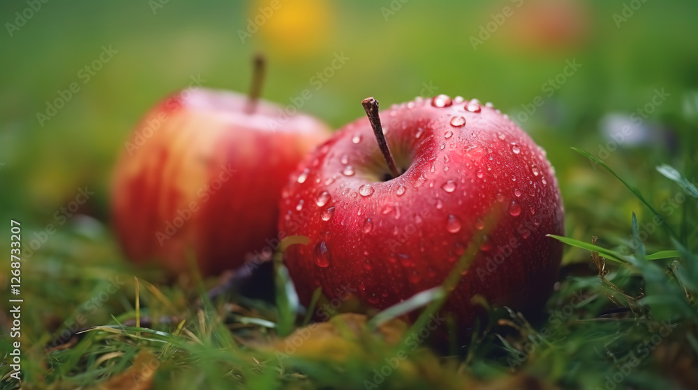 Artistic Image of Ripe Red Apples with Dew on Grass and Soft Focus in Fall-Themed Artistic Image of Ripe Red Apples with Dew on Grass and Soft Focus in Fall-Themed