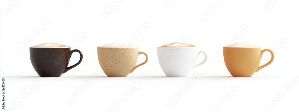 Different Coffee Cups Arranged in a Row on a Minimalist White Background Different Coffee Cups Arranged in a Row on a Minimalist White Background