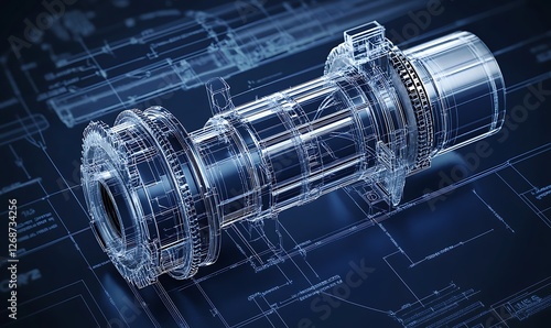 Detailed blueprint of a mechanical gear system on a dark blue background, complexities and intricacies of machine engineering.