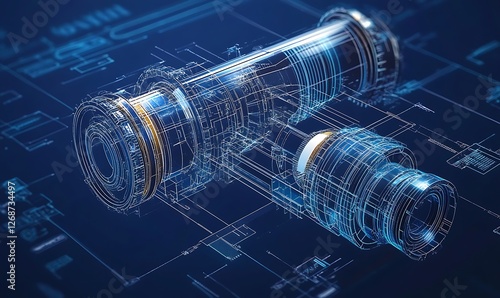 Detailed blueprint of a mechanical gear system on a dark blue background, complexities and intricacies of machine engineering.