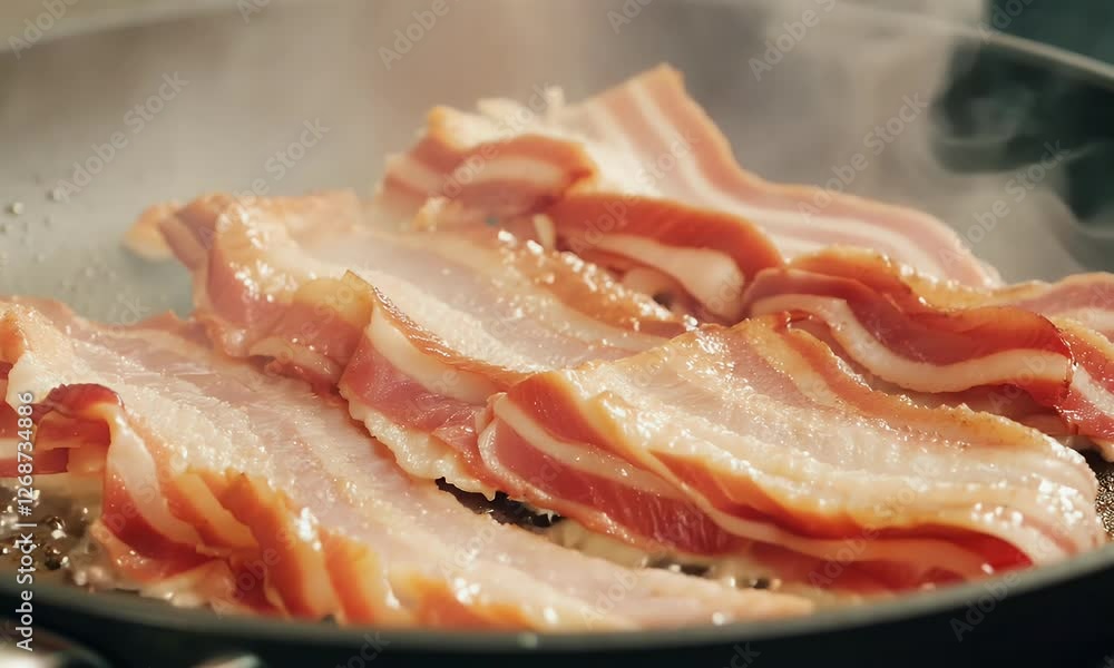 Sizzling bacon strips frying in a hot pan, releasing steam and rich aroma, creating a mouthwatering and crispy breakfast scene with golden-brown textures. Sizzling bacon strips frying in a hot pan, releasing steam and rich aroma, creating a mouthwatering and crispy breakfast scene with golden-brown textures.