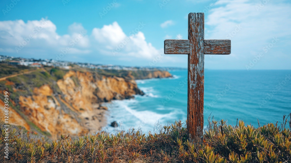 Cross carved into a weathered wooden post on a serene coastal cliff, overlooking the ocean Cross carved into a weathered wooden post on a serene coastal cliff, overlooking the ocean