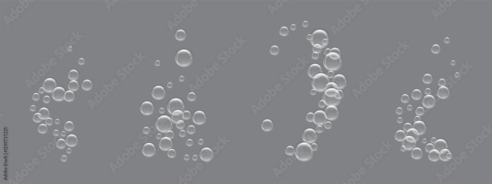 Set of fizzing soda bubbles, carbonated drink, champagne, beer, water isolated on dark background. Fizzy drink. Underwater air. Soap foam. Gas bubble. Vector illustration