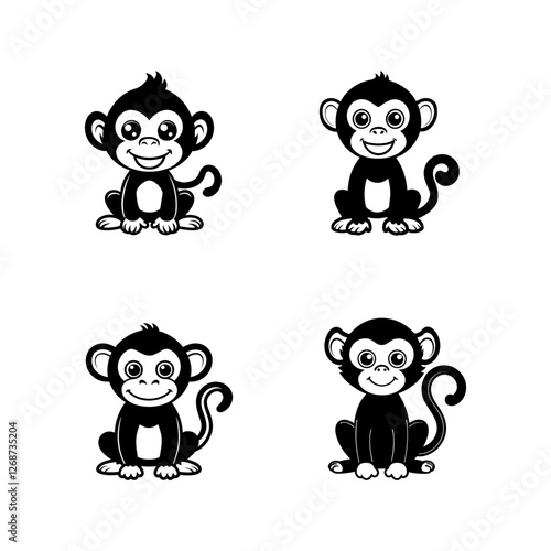 Set Cute Monkey Silhouette Vector Illustration, Black and White Animal Icon