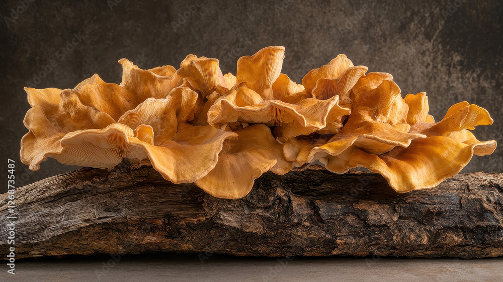 A highly detailed close-up shot of a unique shelf fungus growing on a weathered log, with vibrant golden and deep brown hues, velvety textures A highly detailed close-up shot of a unique shelf fungus growing on a weathered log, with vibrant golden and deep brown hues, velvety textures