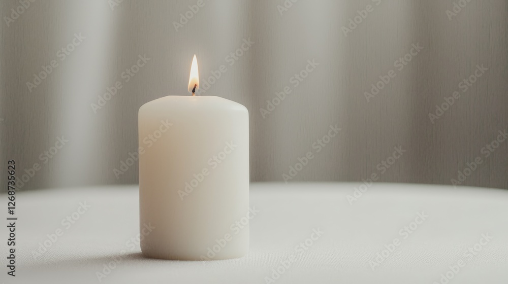 Lit candle on table, serene background, relaxation Lit candle on table, serene background, relaxation