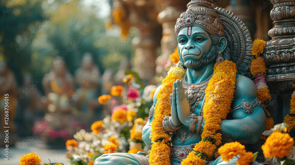 Obraz premium Hindu deity Hanuman depicted in a vibrant statue, with devotees offering prayers and flowers