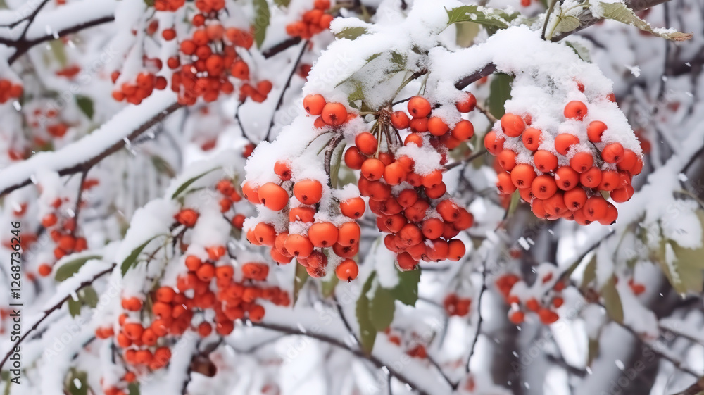 Rowan Tree Branch with Snow and Red Berries in Winter City Landscape Rowan Tree Branch with Snow and Red Berries in Winter City Landscape
