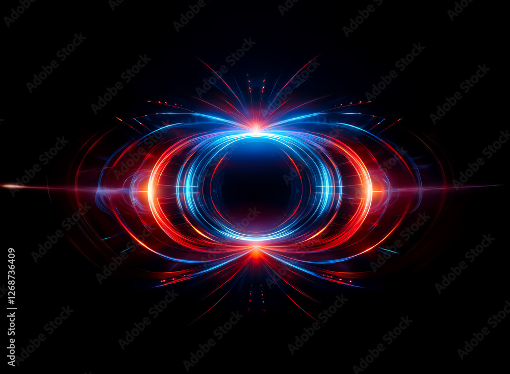 Abstract image showcases vibrant blue and red concentric circles against a dark backdrop. Luminous streaks emanate from the central rings, creating a sense of depth and motion. Abstract image showcases vibrant blue and red concentric circles against a dark backdrop. Luminous streaks emanate from the central rings, creating a sense of depth and motion.