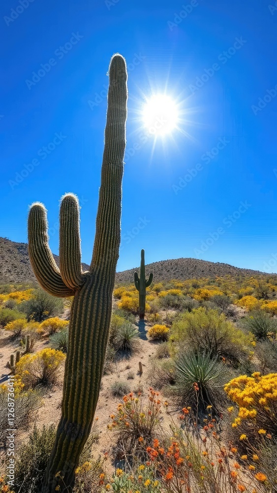 Blue Arizona sky with dead saguaro in foreground, wildflowers, desert, sun Blue Arizona sky with dead saguaro in foreground, wildflowers, desert, sun