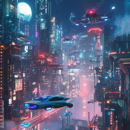 Città futuristica cyberpunk con macchine volanti e luci photo