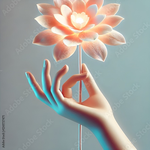 Elegant hand holding a luminous lotus flower against a soft gradient background